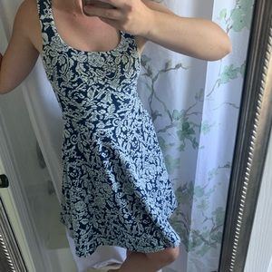 Blue & white square neck midi. Great with boots!